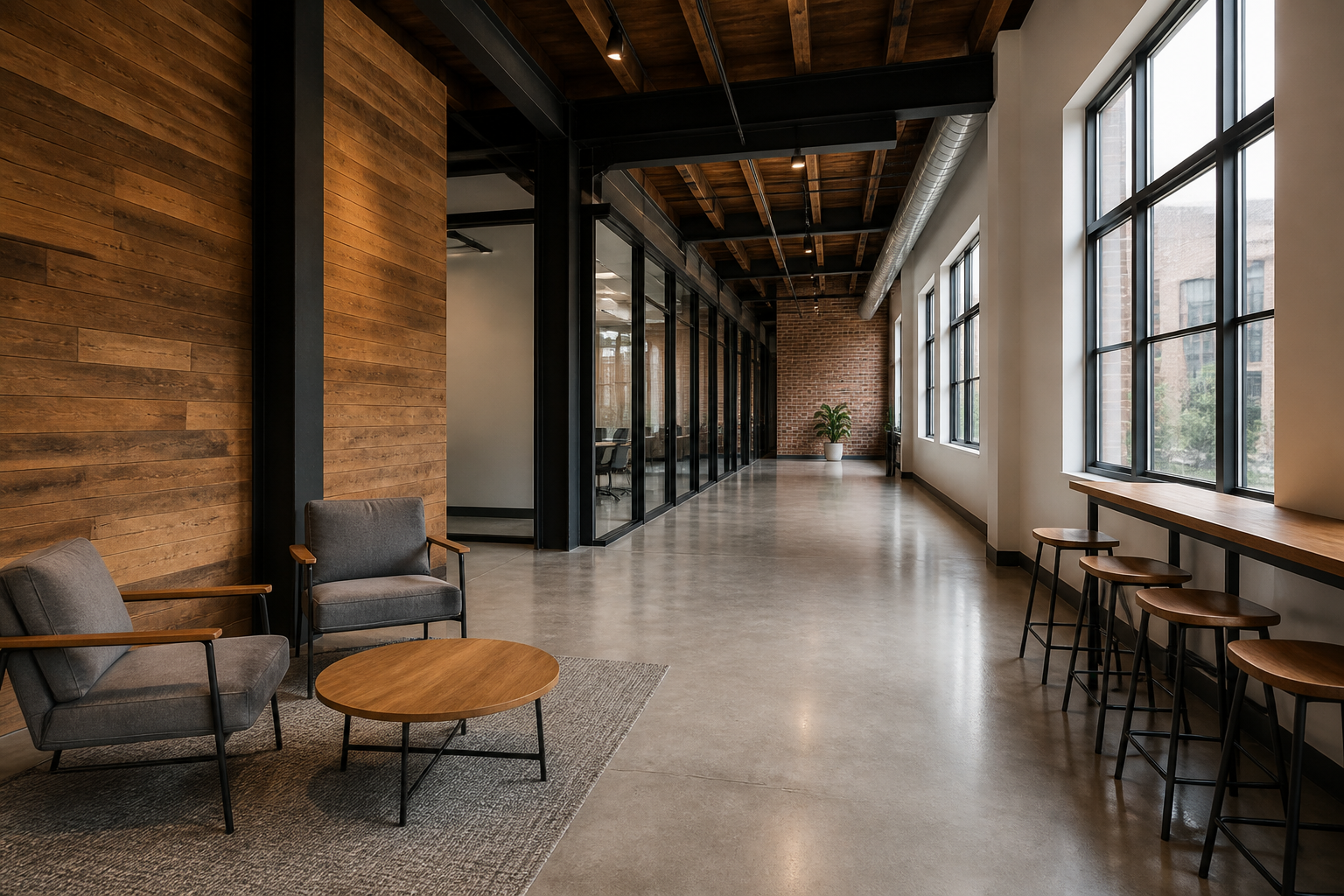 People-free industrial-modern commercial office interior
